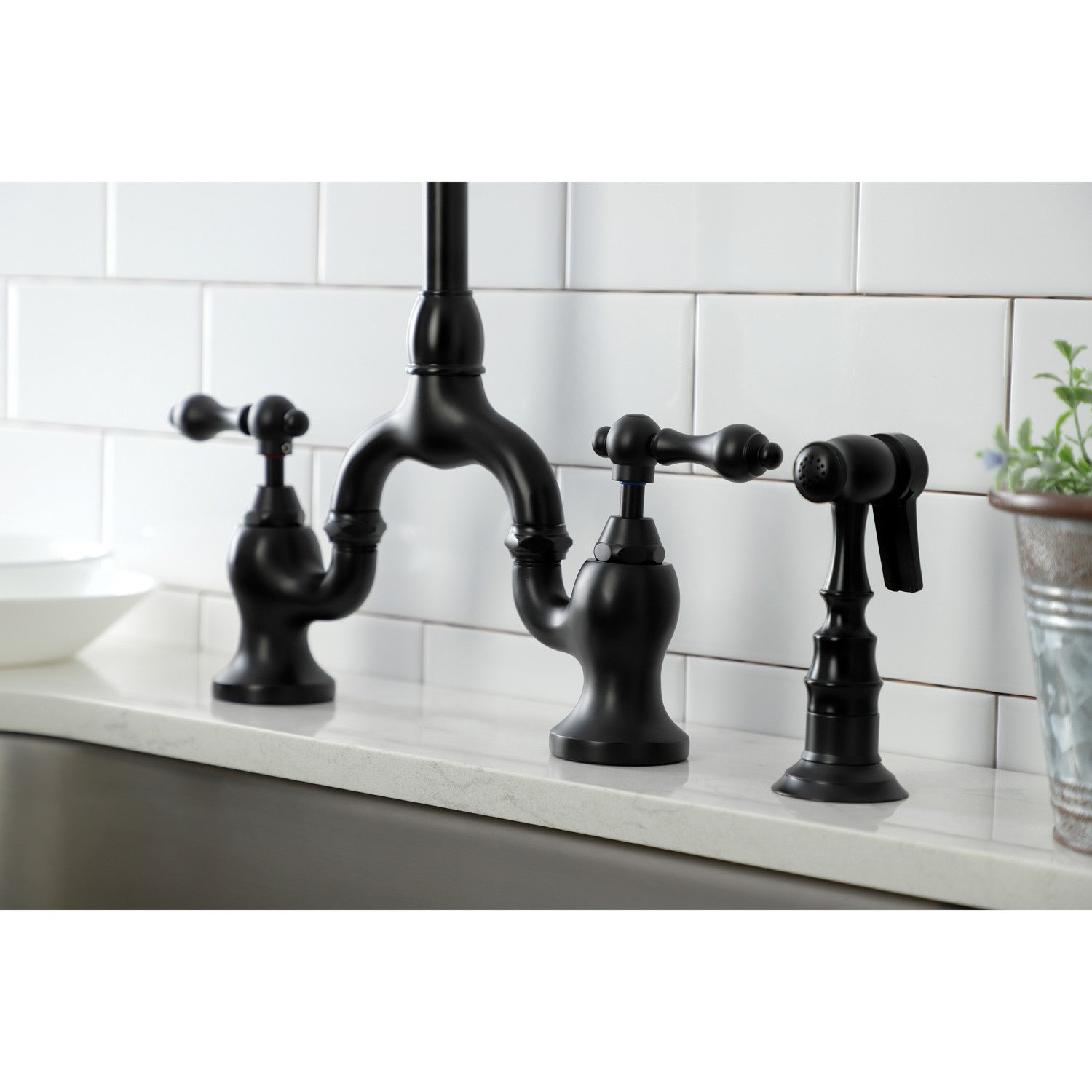 Kingston Heirloom KS7790ALBS - English Country Two-Handle 3-Hole Deck Mount Bridge Kitchen Faucet with Brass Sprayer, Matte Black — thumbnail 3